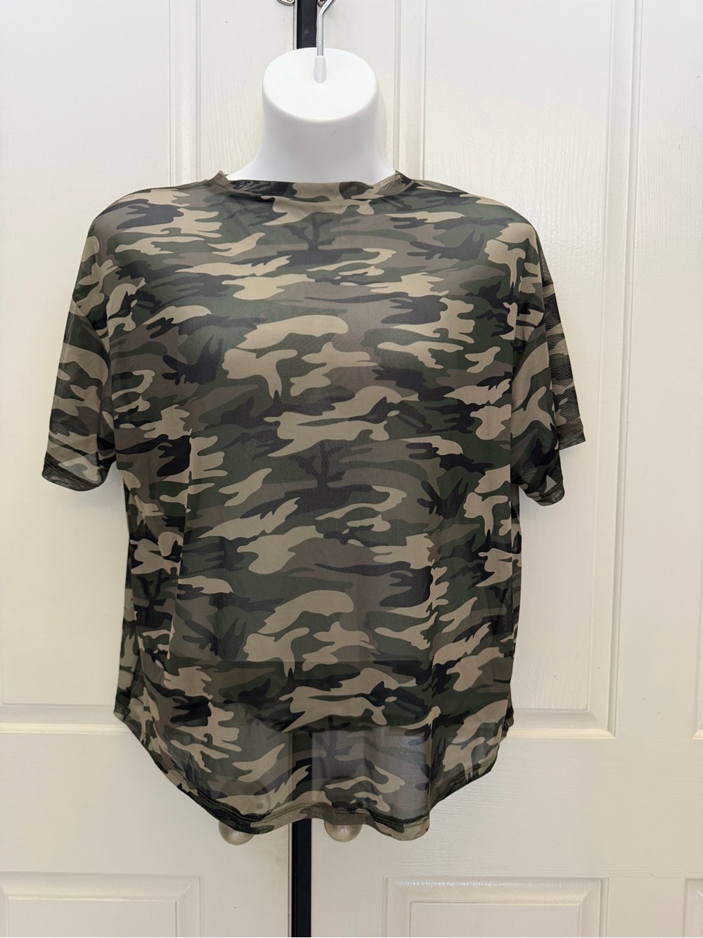 SHEIN Curve Camo Green Short Sleeve Sheer Top Sz 0XL